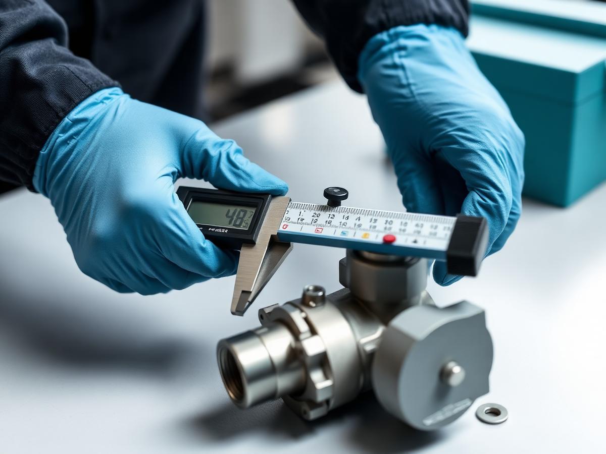 Technician measuring an industrial valve component with a digital caliper